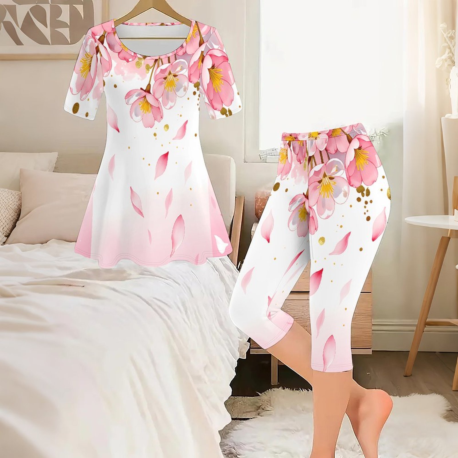 Romper Floral Print - ชุดเซ็ตสองชิ้นลายวินเทจ 2 ชิ้น เสื้อแขนสั้นลำลองสำหรับผู้หญิง กางเกงจ็อกกิ้งสไตล์สตรีทสำหรับใส่ทุกวัน