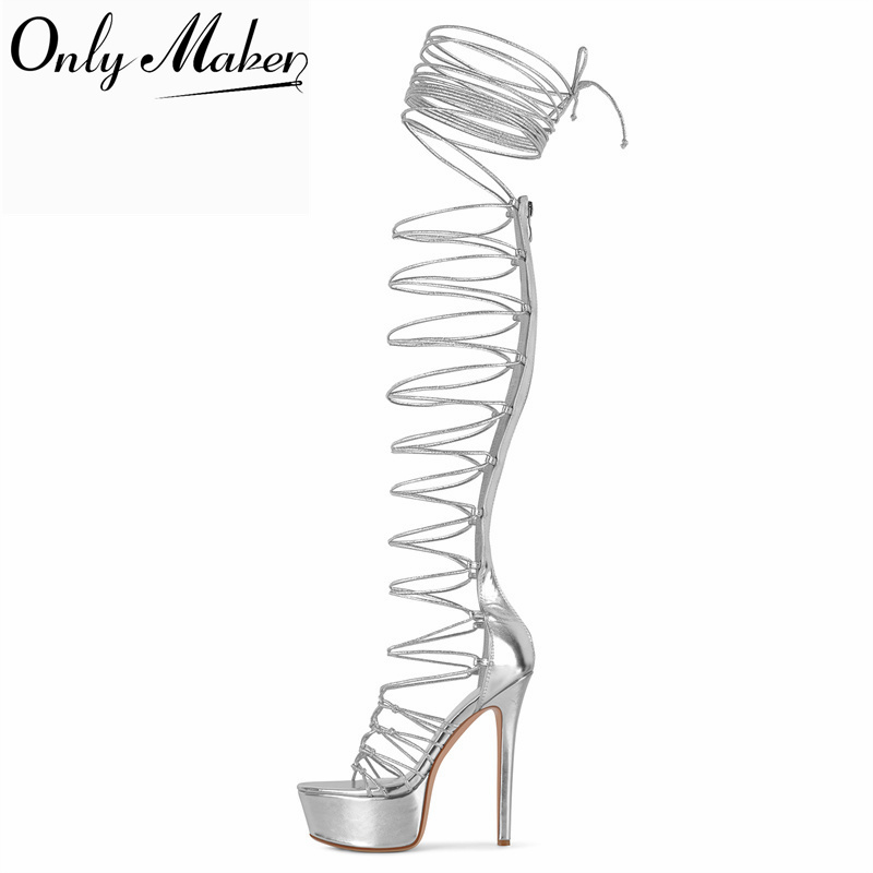Sandal Strappy Heeled - รองเท้าแตะส้นสูงแบบกลาดิเอเตอร์ แพลตฟอร์ม ผูกเชือก ปลายเท้าเปิด สีเงิน ดีไซน์เว้าหลัง
