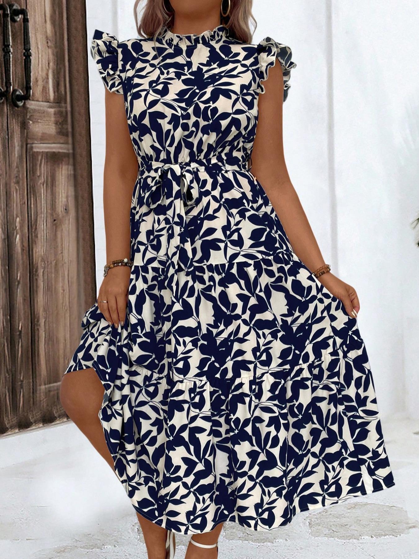 Romper Floral Print - ขนาดบวกพิมพ์ลายดอกไม้ Ruched Belted ชุดนัวเนีย, Boho แขนผีเสื้อเอวสูงชุดสายสําหรับวันหยุดชายหาดวันหยุด,
