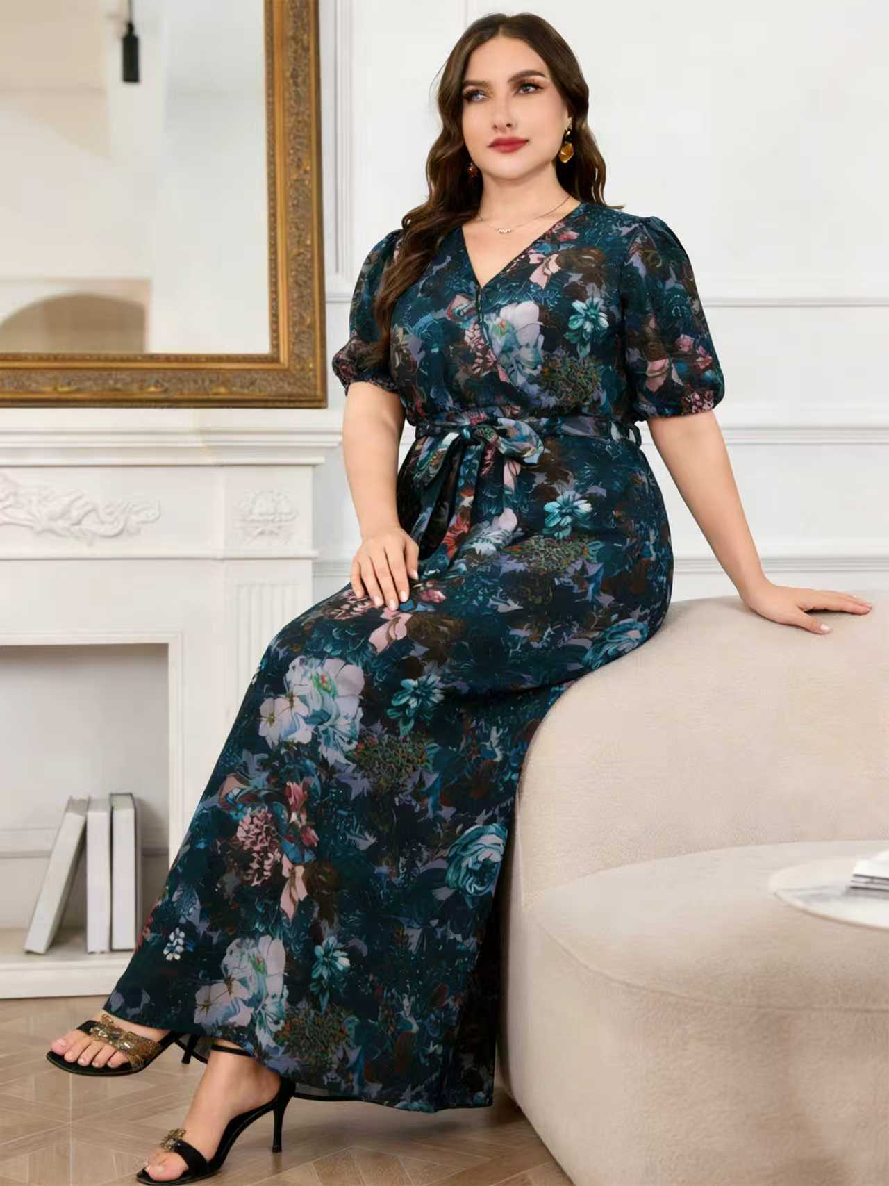 เดรสยาวลายดอกไม้สีเข้มสำหรับสา - Romper Floral Print บทวิจารณ์และราคา